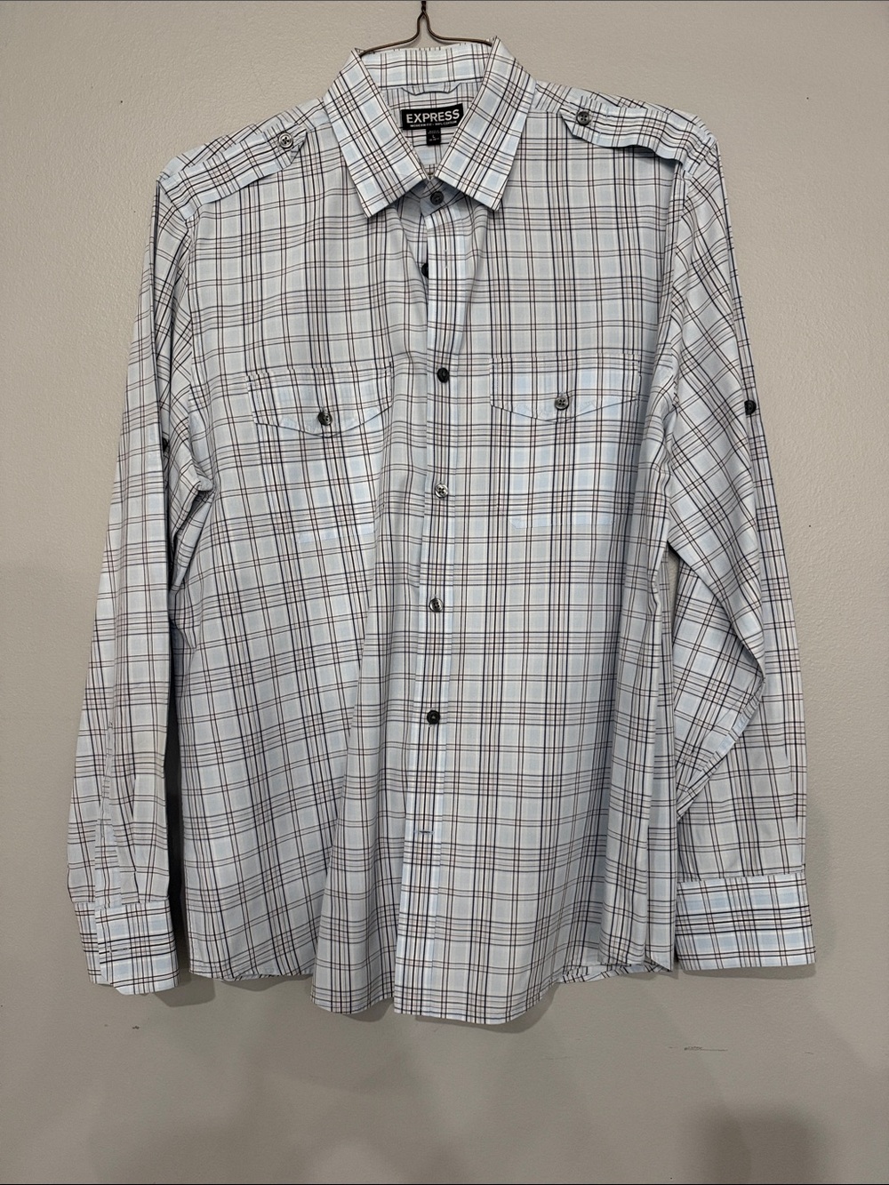 Express Men’s White Plaid Button-Down Shirt with navy and grey Stripes